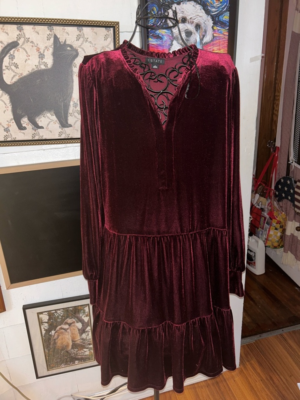 1. State Velvet Long-Sleeve Tiered Dress in Burgundy